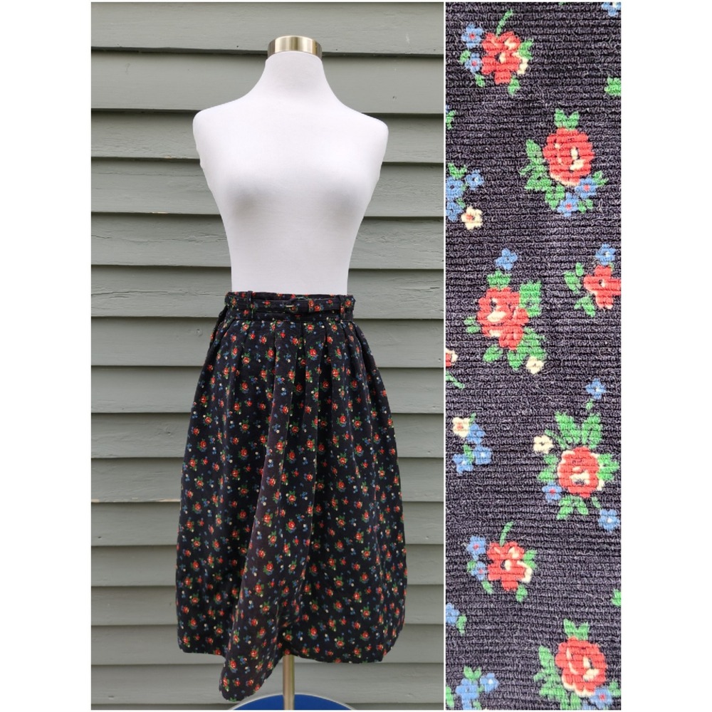 Vintage 70s Cottagecore Midi Skirt Navy Blue Floral Corduroy Pleated Belted Sm